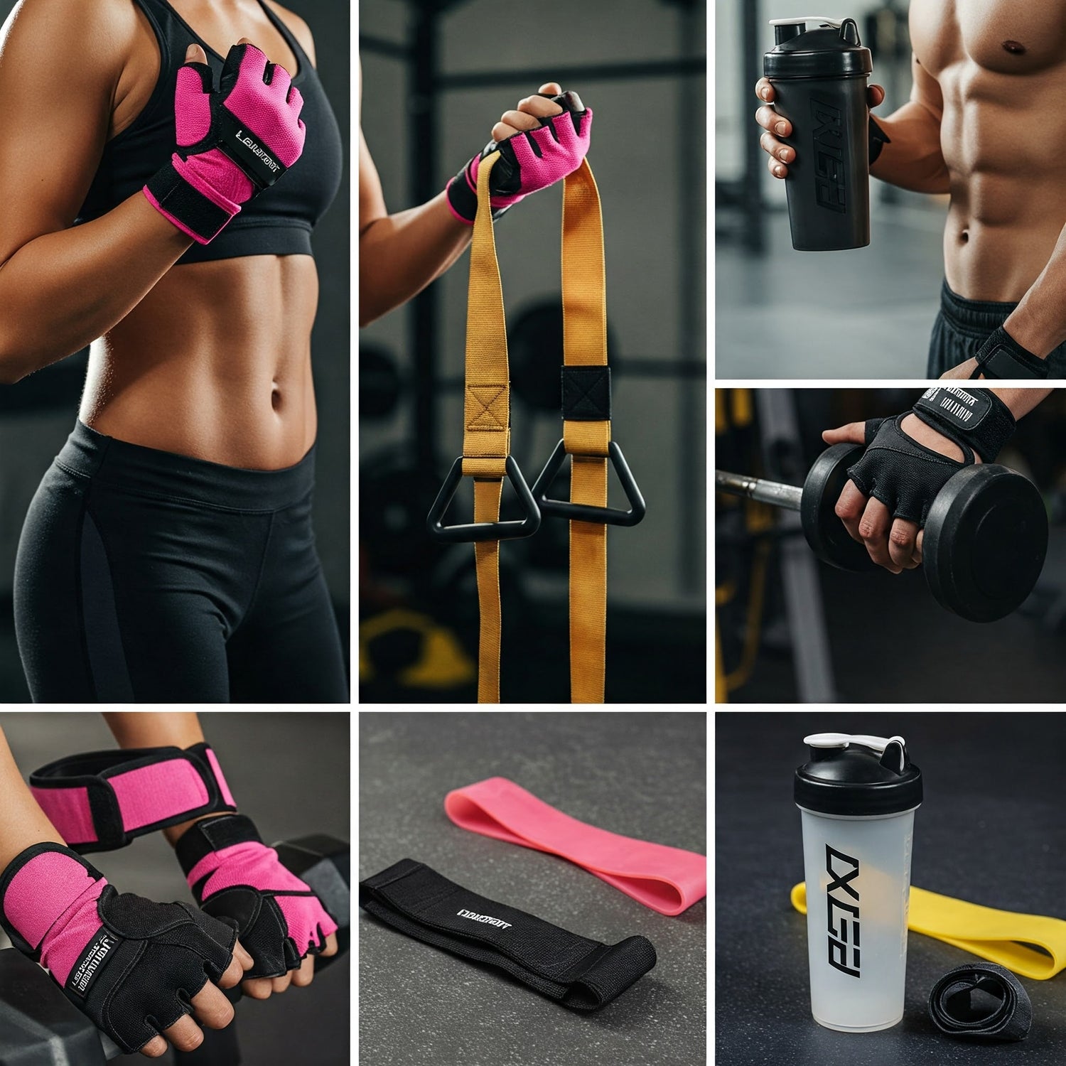 Fitness Accessories in Action: Close-up of gym gloves, lifting straps, and shaker bottles being used during a workout.