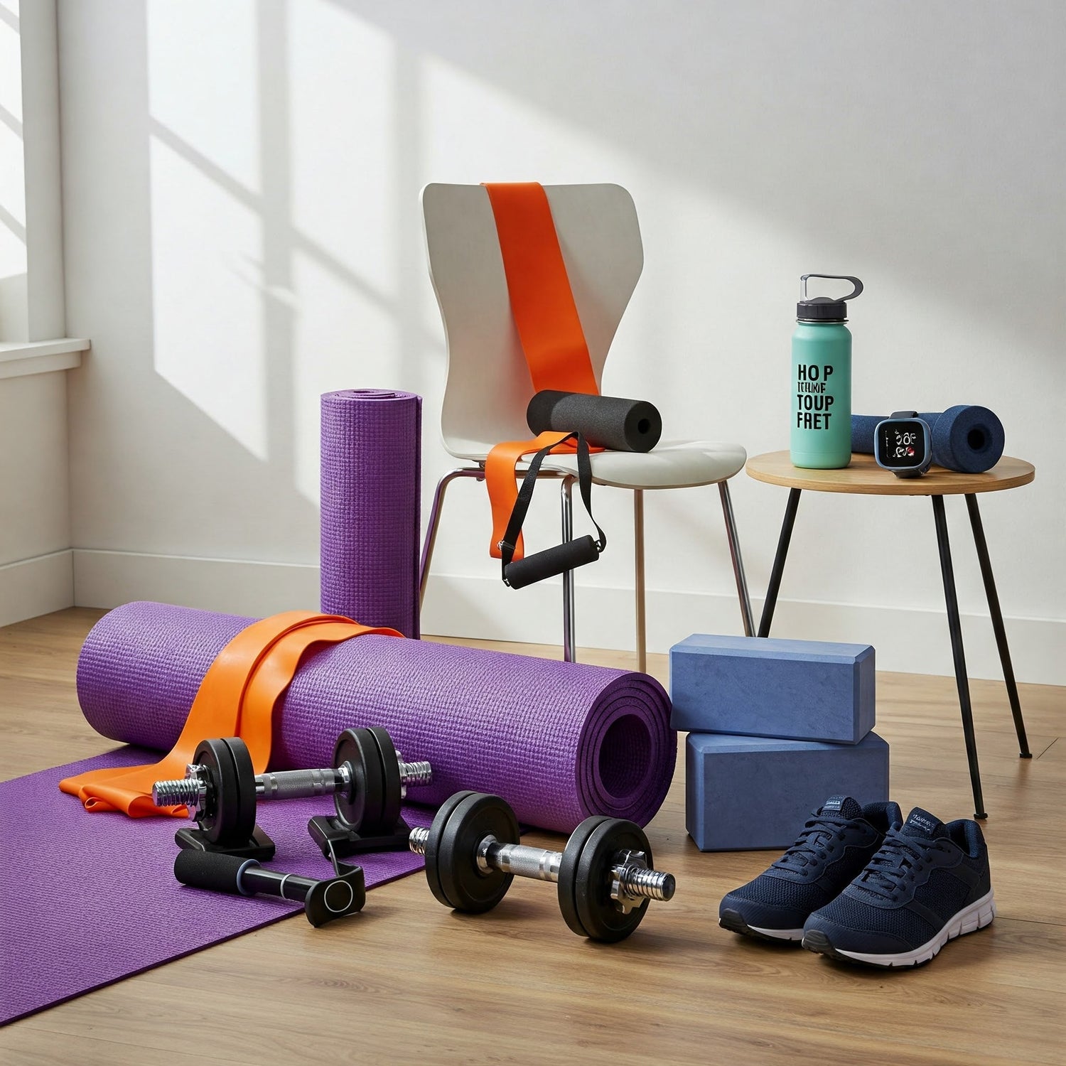 Home Workout Essentials: Dumbbells, resistance bands, jump rope, fitness tracker, yoga mat, water bottle.