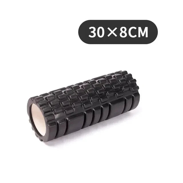 Black foam roller, 30x8cm, for muscle massage and recovery