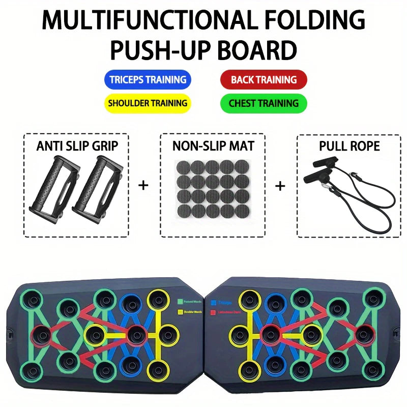 Multifunctional folding push-up board with color-coded muscle groups, anti-slip grip, non-slip mat, and pull rope