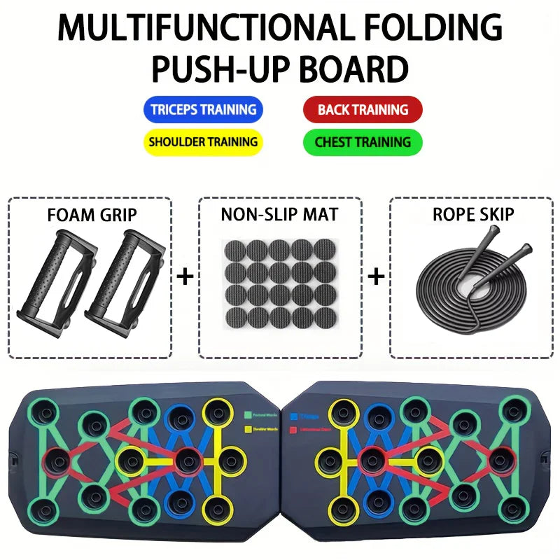 Multifunctional folding push-up board with foam grip handles, non-slip mat, and skipping rope