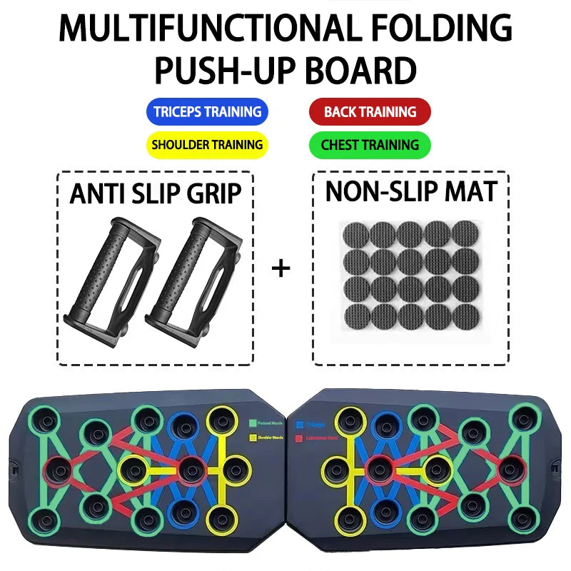 Multifunctional folding push-up board, color-coded, with anti-slip grips and non-slip mat