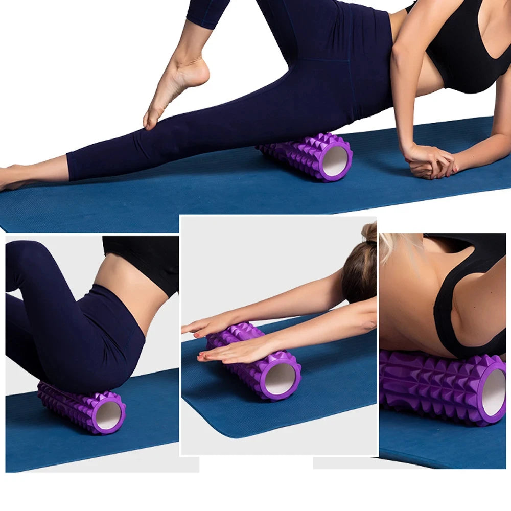 Collage showing different exercises using a purple foam roller