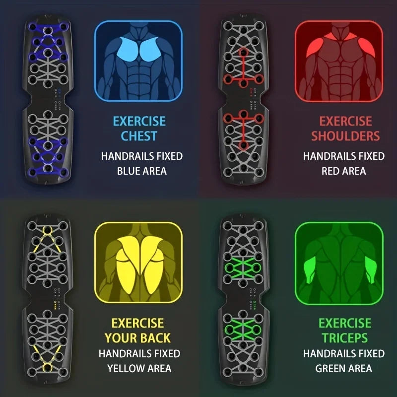 Color-coded push-up board guide: blue for chest, red for shoulders, yellow for back, green for triceps