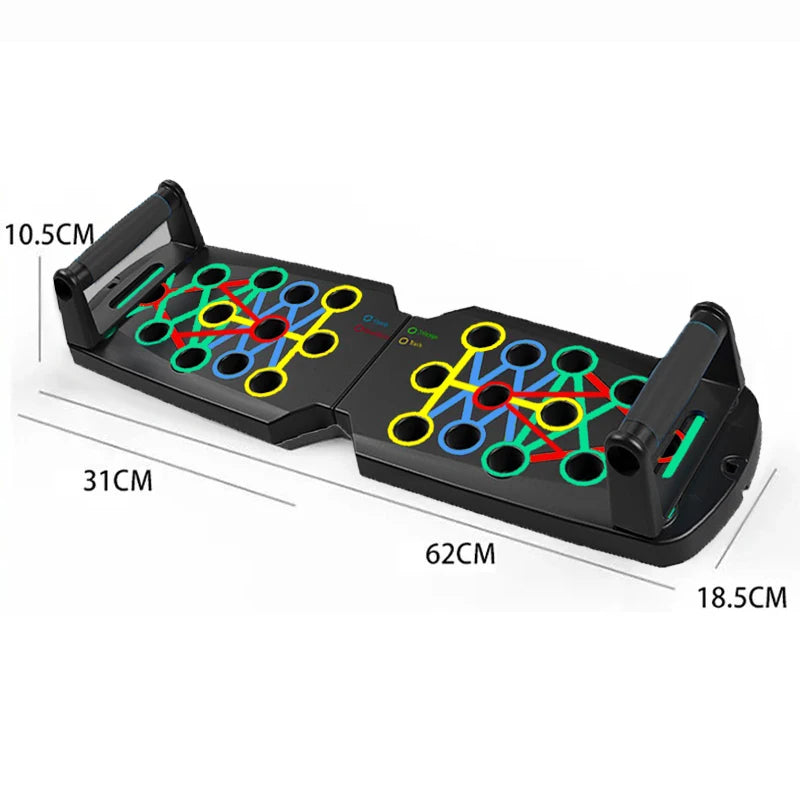 Multi-function push-up board showing dimensions: 62cm x 31cm x 18.5cm x 10.5cm