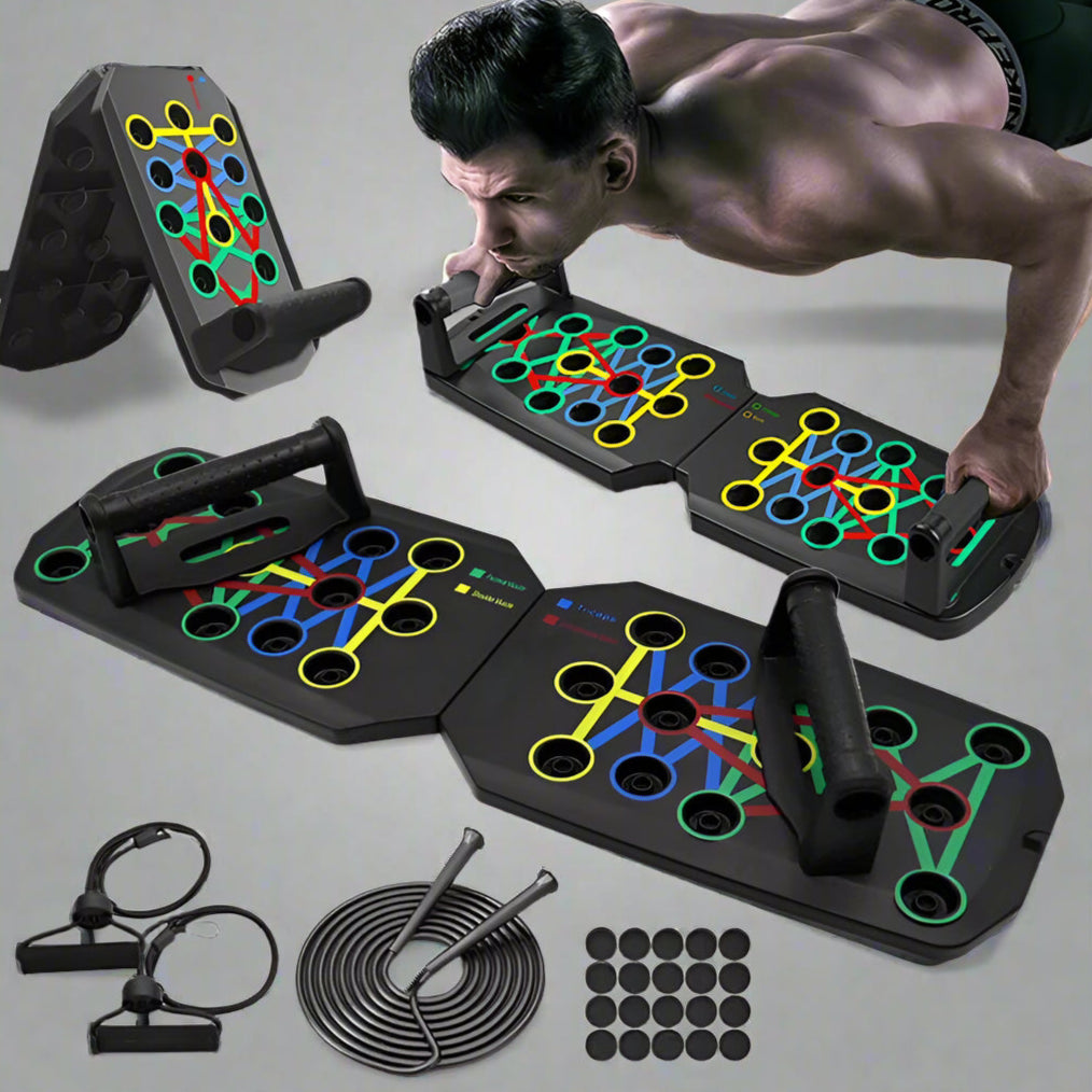 Multi-angle, color-coded push-up board with resistance bands and handles