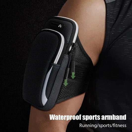 Waterproof sports armband for phone, shown on runner's arm