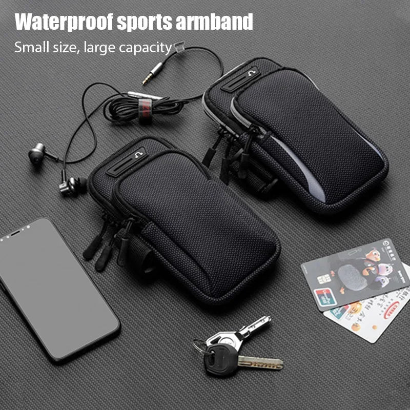 Waterproof sports armband with phone, earphones, keys, and cards